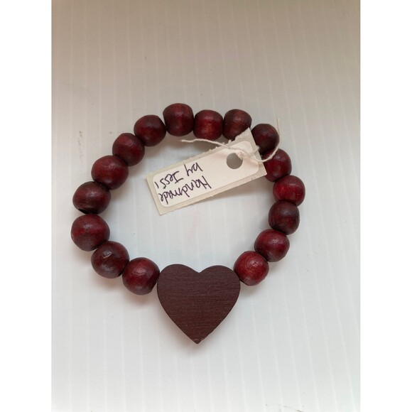 HEART Bracelet Love Romance Pendant Burgundy Red Wood Stretch 10mm Beads - Picture 5 of 7